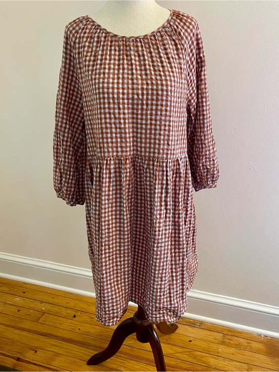 Madewell Dresses & Skirts - Madewell Rust Gingham Cotton Tiered Mini Dress Balloon Sleeve 8